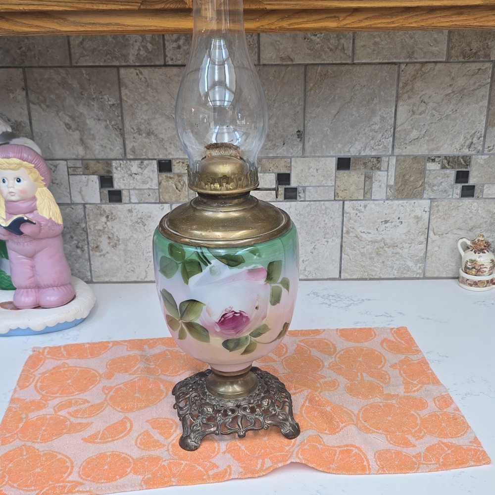 Antique FG Company Hand Painted Glass and Brass Oil Lamp